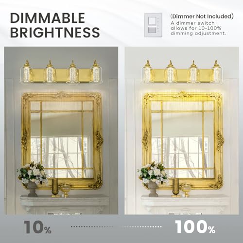 Image of zeyu 24W Dimmable Gold Bathroom Vanity Light, 4-Light Gold Bathroom Light Fixture with 5 Color Modes, Brushed Gold Finish with Crystal Bubble and Clear Glass, ZSL72B-4W LED BG
