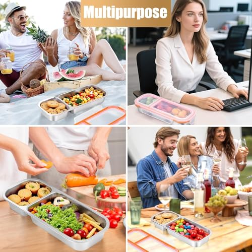 Image of Sinbyuer Stainless Steel Snack Containers, Grab and Go Snack Containers Reusable, 2 Compartment Food Storage Containers with Lids for Travel and Outdoor Camping (700ML)