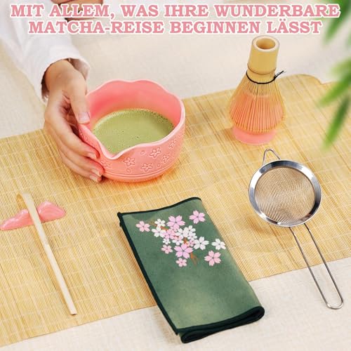VPISHYKE Premium Matcha Set – Matcha Tea Set 7-teiliges traditionelles Tee-Set mit Bambusbesen, Schale, Sieb & Zubehör – Perfekt für Matcha-Liebhaber（Rosa）