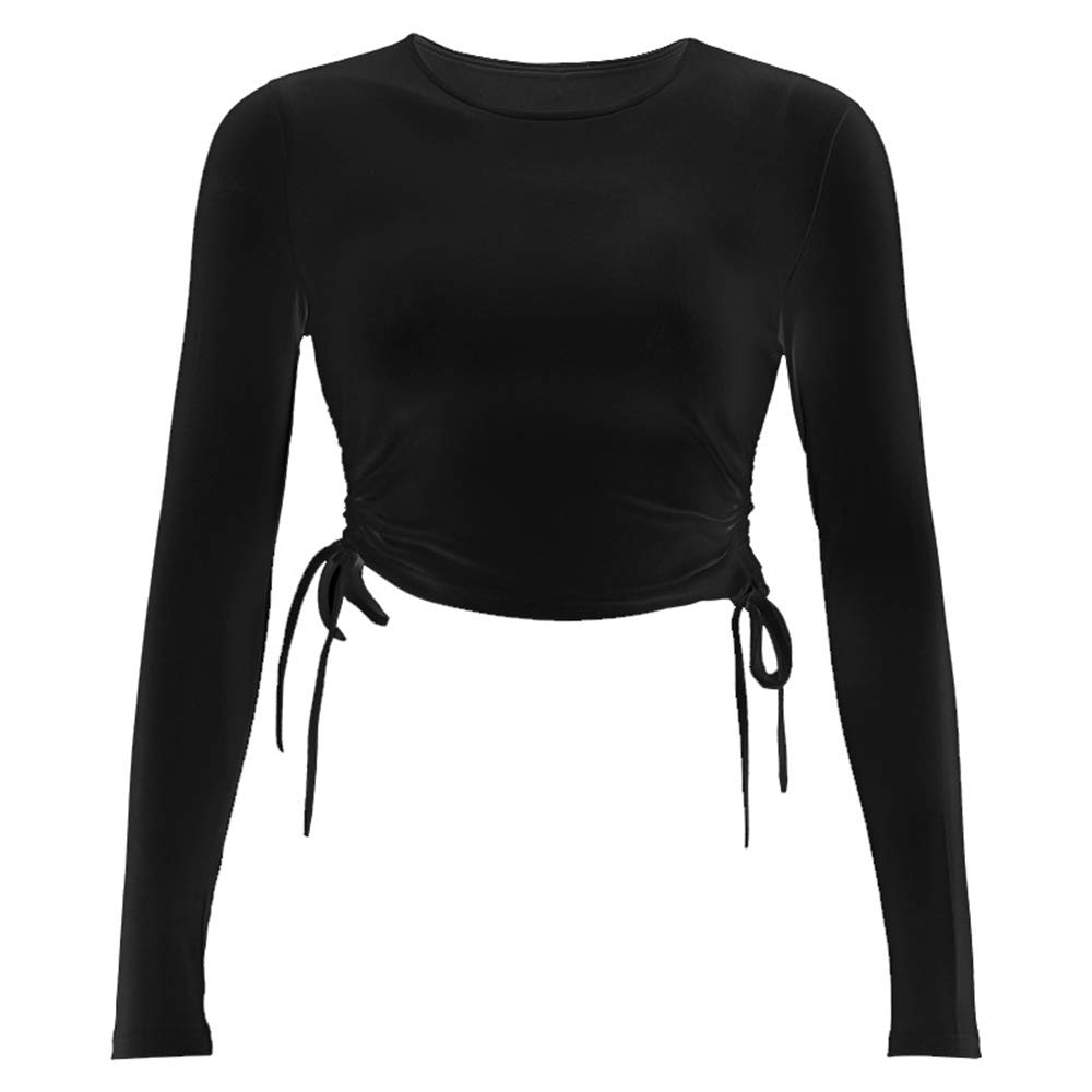 Women's Casual Slim Fitted Two Side Drawstring T Shirt Basic Long