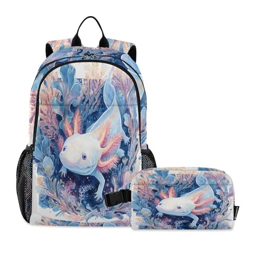 Kids Backpack Axolotl Exploring in Deep Sea Boys Girls School Backpack with Lunch Bag Bookbag Set
