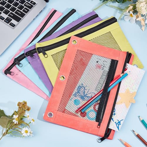 CRASPIRE 5Pcs Pencil Pouches Zippered for 3 Ring Binder with Smooth 5 Colors Zippers Dual-Pockets Mesh Window Pencil Case Cosmetic Bag Organizer for Storing Classroom Office Home Stationery Supplies - Image 4