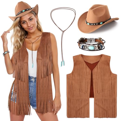 PARTTELY Western Outfits for Women Cowgirl Outfits Cowgirl Vest Boho Cowboy Hat Fringe Vest for Halloween Cosplay