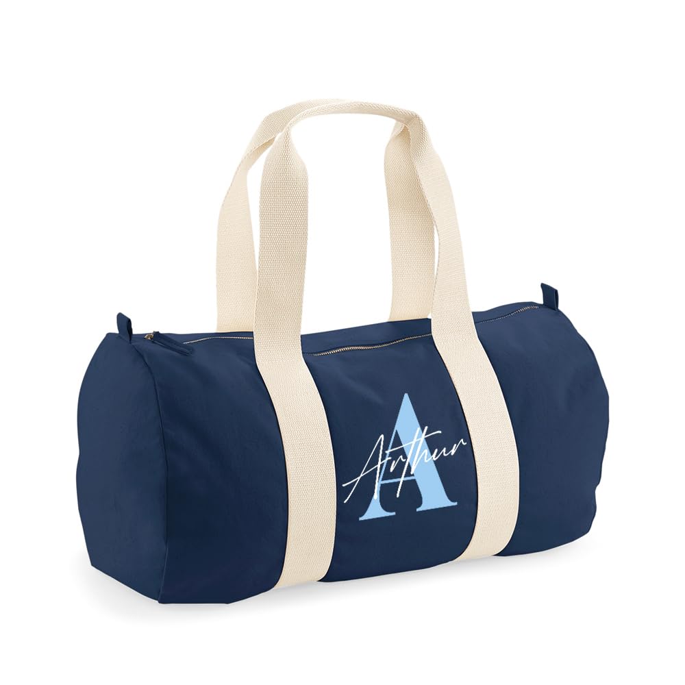 Personalised Bag Initial with Name, Alphabet Name, Barrel Bag, Holdall Zip Sports Duffle Bag. (French Navy)