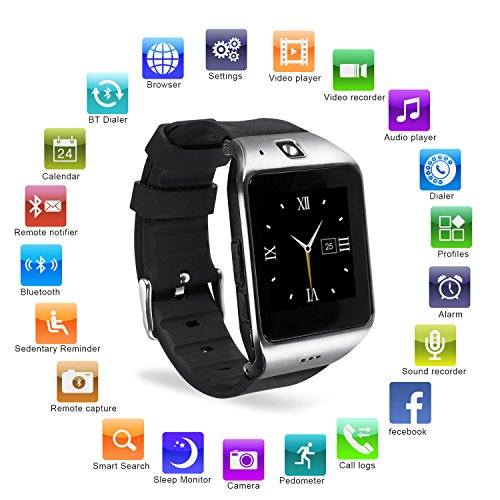 HAMSWAN LG118 Bluetooth Smartwatch mit Kamera Alles in 1 Uhr für iPhone, Android Samsung Galaxy Note, Nexus, HTC, Sony (Silber) MEHRWEG