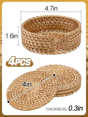 Image of 4Pcs Handmade Natural Rattan Coasters Set with Holder, Boho Coastal Decor | Farmhouse Aesthetic Drink Coasters, Home Kitchen Beach Decor, Housewarming Gifts