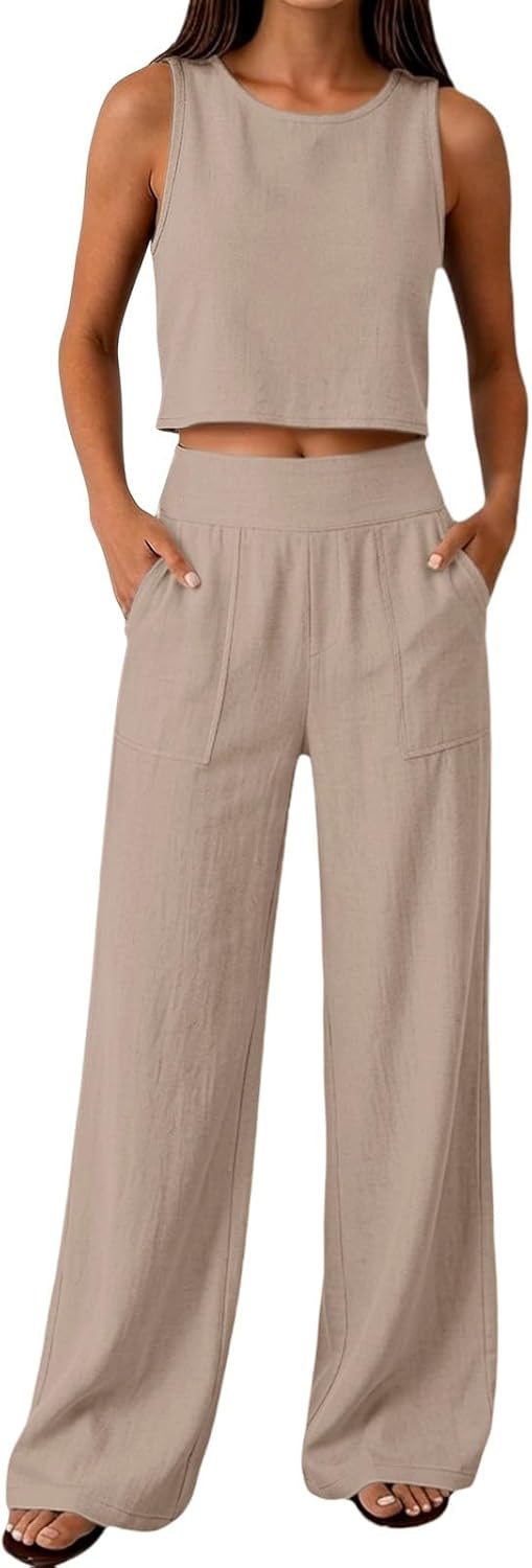 Linen Sets For Women 2 Piece Summer Sleeveless Tank Top High Waisted Wide Leg Pants Casual Vacation Outfits Lounge Set