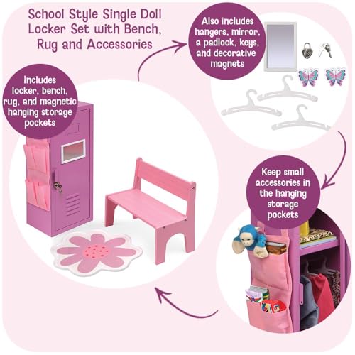 Image of Badger Basket School-Style Single Doll Locker Set with Bench, Rug, and Accessories - Purple and Pink Design for 18-Inch Dolls