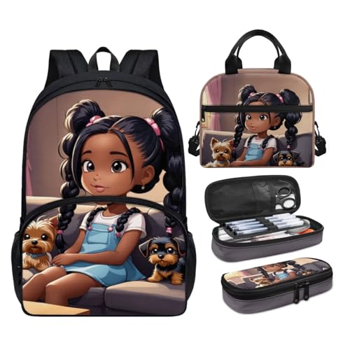 African Black Girls Bookbag Yorkshire Terrier Backpack with Lunch Box 1 Grade/2Nd Grade Afro Kids Book Bag Lunch Bag Kindergarten/Elementary School Bag Lunchbox Pencil Pen Case School Bag