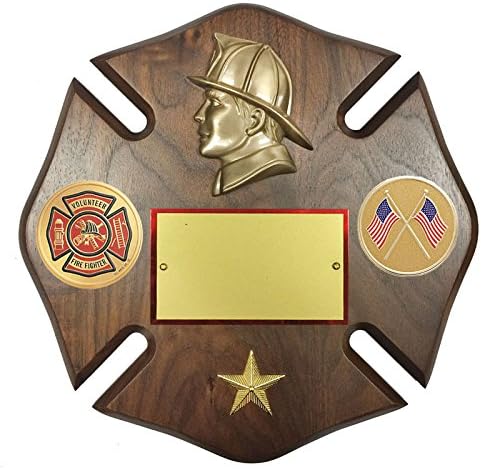 SHOP AWARDS AND GIFTS Customizable Fire Department Plaque with Fireman Head, Personalized Firefighter Award, Walnut Maltese Cross, 10 x 10 inch