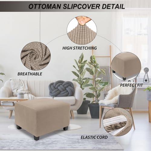 Image of NeColorLife Stretch Ottoman Cover Square Soft Knitted Jacquard Washable Thick Storage Foot Stool Cover for Square and Rectangle Ottomans Khaki Large