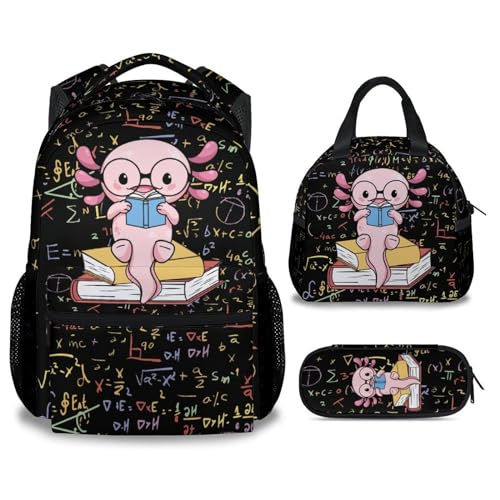 Mercuryelf Axolotl Boys Girls Backpack with Lunch Box Set 3 in 1 School Travel Backpacks Matching Combo Black Cute Bookbag and Pencil Case Bundle
