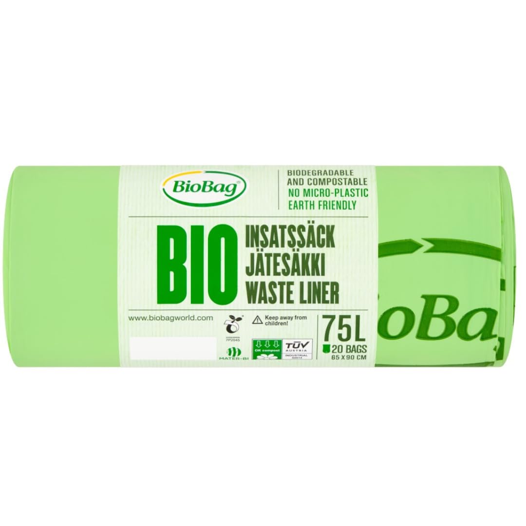 BioBag 75L Compostable Bin Liners – 20 Large Household Waste Bags – Strong & Leak Resistant – EN 13432 & OK Compost Certified – Green