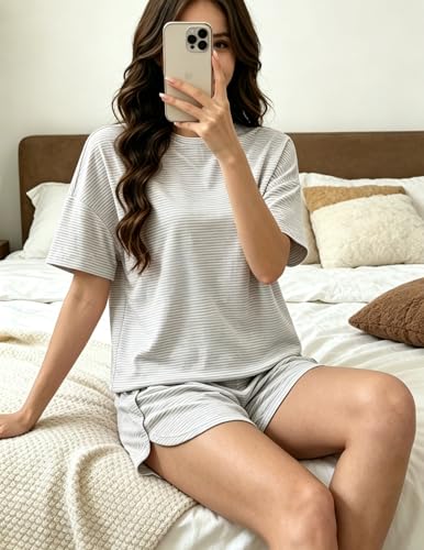 Image of Womens Pajama Sets Shorts 2 Piece Striped Matching Pjs Set Summer Split Soft Comfy Lounge Sleepwear