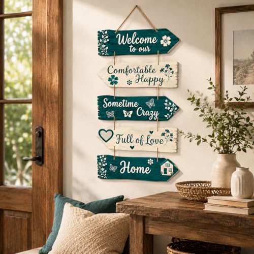 Image of Dakshestry Artworks Welcome Wooden Wall Hanging Sign | Rustic Home Decor Plaque with Inspirational Quotes | Hanging Wooden Sign Board for Living Room, Entryway, Bedroom, Office & Housewarming Gift