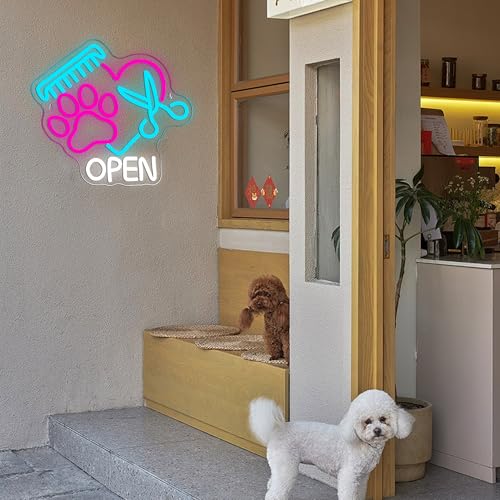 Image of Mutank Pet Shop Open Neon Sign, Paw Neon Light USB Powered LED Dimmable Scissors Sign, for Pet Shop Business Sign Pet Spa Pet Salon Animal Clinic Decor Pet Grooming and Welcome Sign(13.3 * 12.2 In)