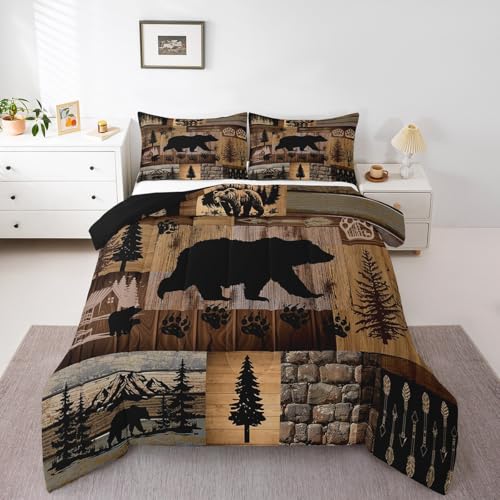 Feelyou Farmhouse Bear Bedding Set Rustic Cabin Wooden Comforter Set for Kids Boys Girls Teens Room Decor,Wild Animal Comforter Twin Size,Vintage Wooden Duvet Set 2Pcs