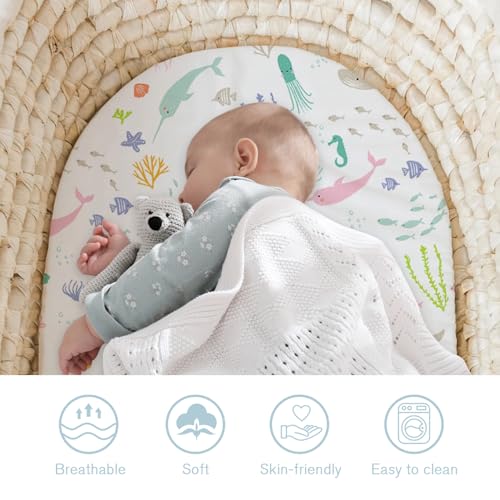 Image of Little Grape Land Bassinet Sheets 3 Pack, 33 inch x 18 inch Fitted Bassinet Sheets Up to 4 inch Deep Pocket, Ultra Soft Baby Bassinet Fitted Sheets for Bassinet Mattress, Ocean Friends
