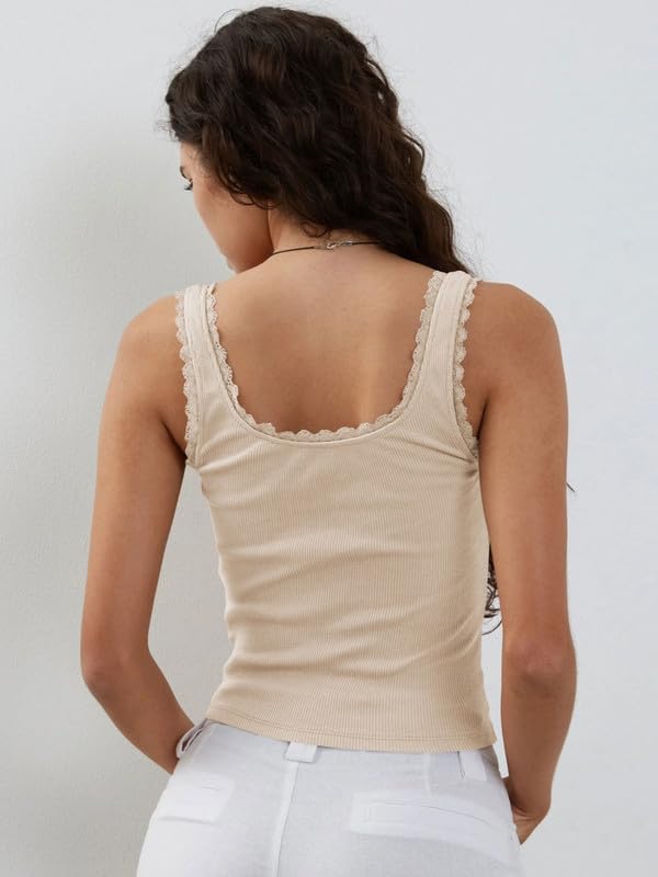 Haibang Damski podkoszulek elegancki letni czołg bez rękawów bawełna prążkowany podkoszulek z szerokim ramieniem seksowny slim fit koronkowa koszula Y2K Cami rozciągliwa koszulka
