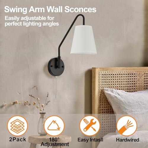 Image of PASSICA DECOR Hardwired Wall Sconces Set of Two 2 Pack with Pull Chain ON Off Matte Black Swing Arm Lighting Modern Vintage Lamp Industrial White Fabric Wall Light for Bedroom Farmhouse Living Room