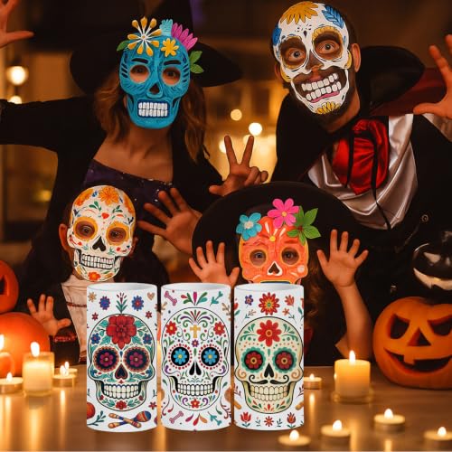 Image of Dia De Los Muertos Flameless Candles with Timer Remote 3 Pack | Halloween Flameless LED Candle Battery Operated Sugar Skull Day of The Dead Decoration