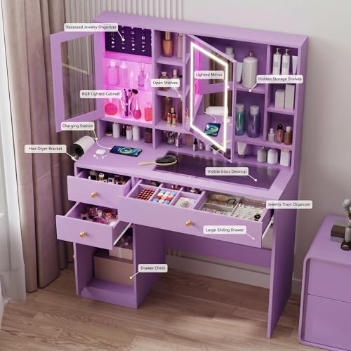 Image of Makeup Vanity Desk with Mirror and Lights, Purple Vanity with Glass Top, Jewelry Storage, Power Outlets, 3 Drawers & 2 Cabinets, Adjustable LED Lighting, Dressing Table for Women & Girls Bedroom