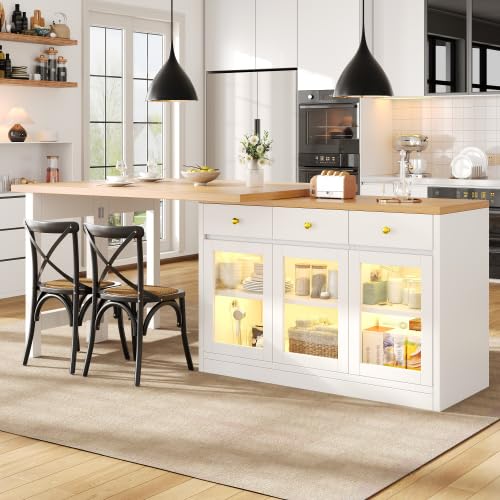 Merax Extendable Kitchen Island with LED Lights, 120-200cm Dining Table with Storage, Breakfast Bar Table with 3 Drawers & Glass Cabinets, Kitchen Cabinet for 6-8 People, White