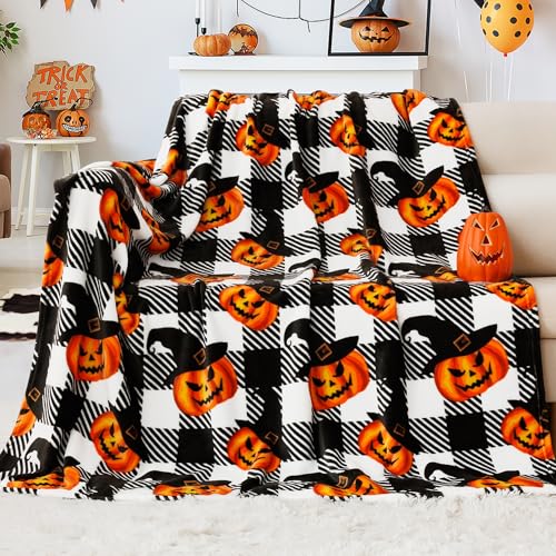 Touchat Halloween Blanket, Fleece Throw Blankets, Buffalo Plaid Throw Blanket for Couch Sofa Bed, Soft Warm Fuzzy Cozy Plush Checkered Blanket, Farmhouse Fall Decor, Black