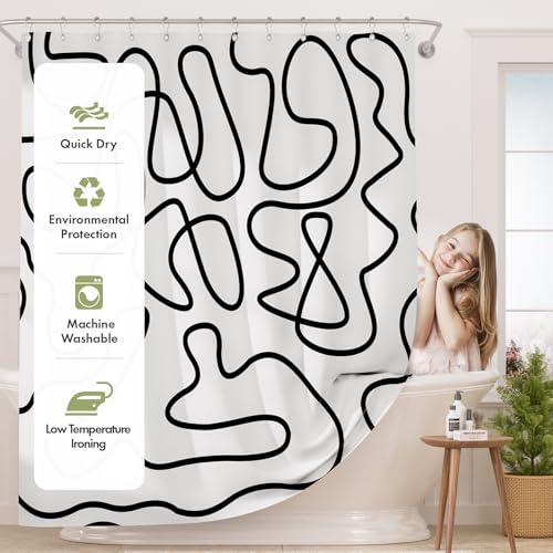Image of AmazerBath Shower Curtain, Washable Cloth Black and White Shower Curtain Sets with 12 Metal Shower Curtain Hooks, Rustic Abstract Black Lines Art Fabric Shower Curtains for Bathroom Decor, 72x72 Inch