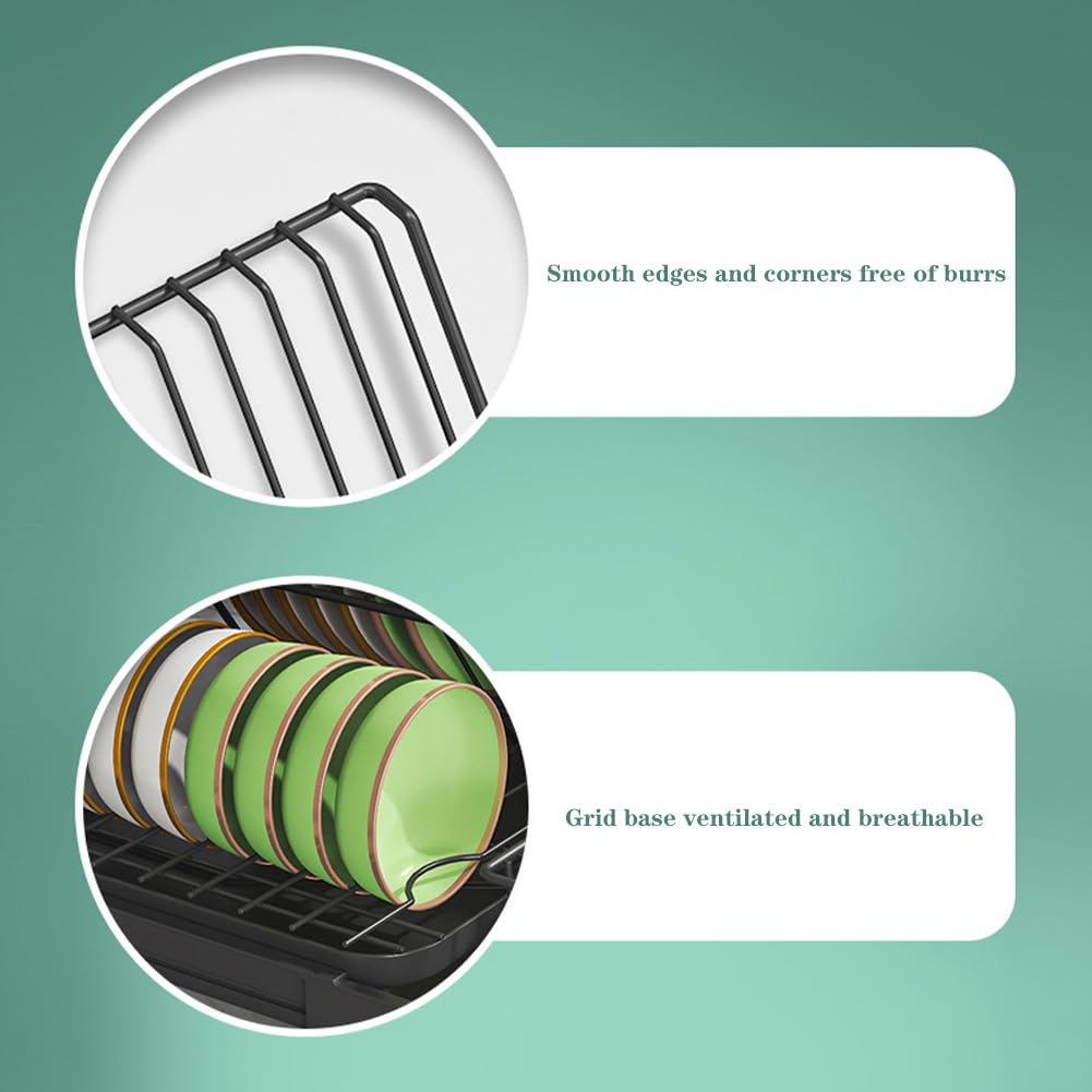 Escurridor de vajilla de cocina extensible, escurridor de vajilla de acero inoxidable con cesta para cubiertos y bandeja de goteo, escurridor de vajilla en fregadero con boquilla de drenaje giratoria