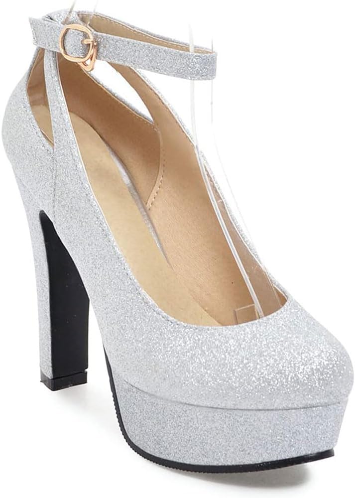 SPONYBORTY Women's Platform Chunky Heel Pumps Sequins Ankle Strap Round Toe High Heels Fashion Wedding Evening Night Club Party Shoes thigh/J/34EU