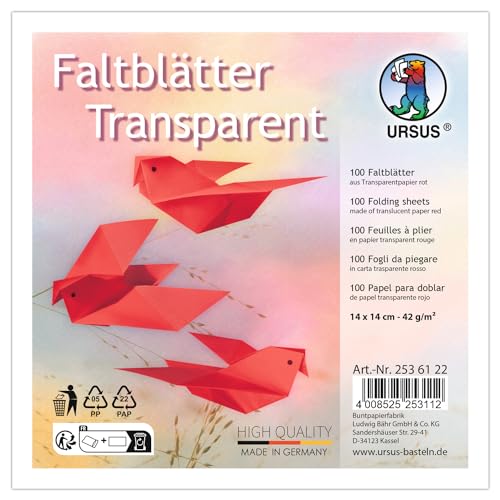 Ursus 2536122 - Faltblätter Transparent Rot, 42 g/m², 100 Faltblätter 14 x 14 cm, durchgefärbt