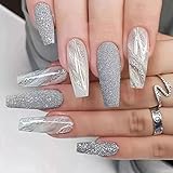 MISUD 24pcs Coffin Press-on Nails - Long Fake Nails with Luxury Sparkly Glitter Design, Ballerina Acrylic, Glossy Glue-on, Grey Marble False Nails