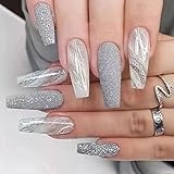 MISUD 24 pcs Coffin Press on Nails Long Fake Nails Ballerina Acrylic Nails Bling Glossy Glue on...