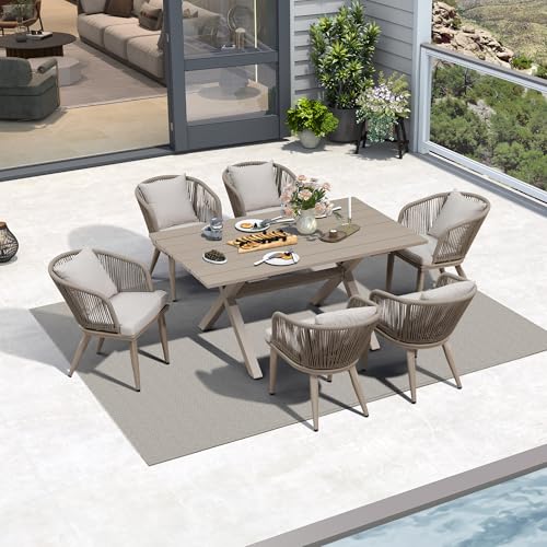Image of PURPLE LEAF 7 Pieces Patio Dining Set Wicker Outdoor Furniture Rectangular Table and Chairs Set for Garden Deck Aluminum Frame Backyard Kitchen Set, Cushions and Pillows Included Champagne