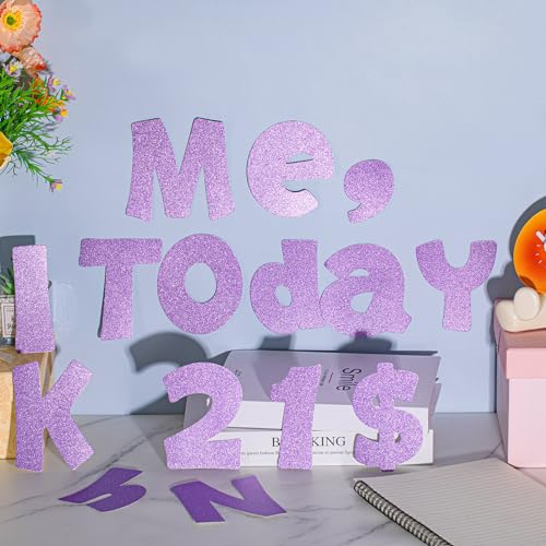 Image of Colarr 216 Pcs Glitter Bulletin Board Letters for Classroom Number Alphabet Punctuation Symbol Cutout 4'' Die-Cut Poster Letter with Adhesive Dot School Party Holiday Decor Display(Violet)
