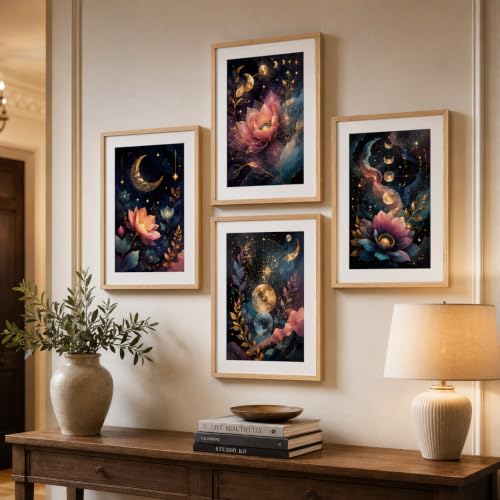 Image of Livin'luxe Set of 4 Celestial Moon Lotus Floral Wall Paintings with Sparkle Laminate and Premium Wooden Synthetic Frame for Living Room Bedroom Office Decor (13.5 x 19.5 Inch)