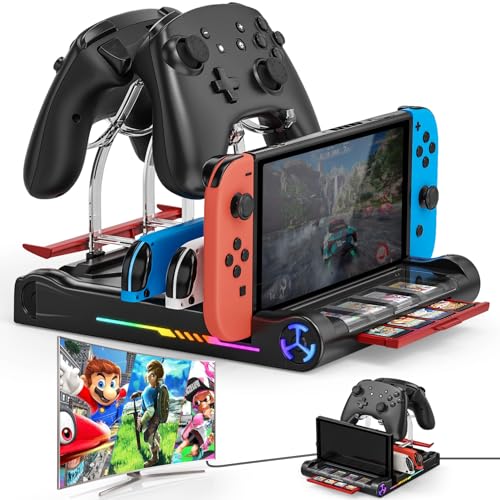 Tendak Switch Dock Station, TV Docking Station para Nintendo Switch/OLED, Estación de Carga LED para JoyCon, Cargador de Mandos de Switch con Almacenamiento para 8 Tarjetas de Juegos
