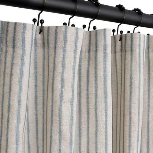 CasaTena Farmhouse Striped Shower Curtain - Extra Long 72x84 Inches Linen Blend Fabric Breathable & Machine Washable Rustic Heirloom Blue for Bathroom Decor (Hooks/Liner Not Included)