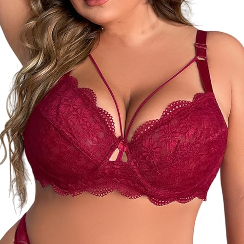 Sujetador De Encaje para Mujer Tallas Grandes con Aros Sujeción Fuerte Ropa Interior Femenina Sexy Escote Profundo Tirantes Ajustables Lencería Cómoda De Uso Diario