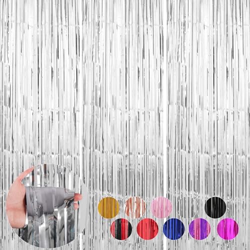 Image of 3 Pack Silver Foil Fringe Curtains Streamers Party Decorations 3.3 x 8.2 ft, Tinsel Curtain Fringe Backdrop for Parties, Silver Door Fringe Birthday Streamers, Photo Booth Backdrops, Party Decor