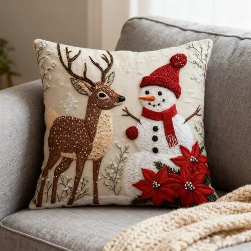 Christmas Throw Pillow Covers 17.5x17.5 Linen Xmas Deer & Snowman Plaid Cushion Cover Decorative Square Pillowcases with Invisible Zipper for Living Room Sofa Bedroom(Style 3)
