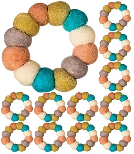 ALPHA Living HOME - Colorful Felt Napkin Rings Set of 12, Wool Ball Table Decor, Napkin Holders for Dining, Rustic Boho Wedding, Party, Holiday, Farmhouse Kitchen – Handmade – Jazzy Design