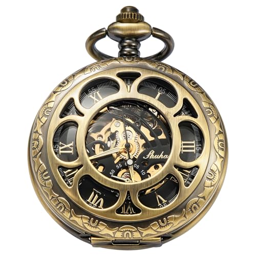 Image of Black and Silver Roman Numeral Dial Mens Mechanical Moon Phase Design, Moon Sun Pattern Skeleton Mechanical Pocket Watches for Men with Case and Chain - Black