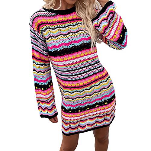 Alaurbeauty Damen Elegant Langärmliges Rückenfreies Strickkleid Buntes Streifenmuster Krawatte-Rücken Slim Fit Kleid Bodycon Strickpullover...