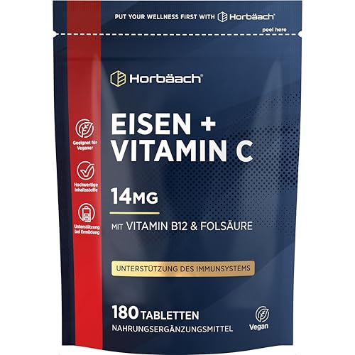 Eisen Vitamin C Komplex mit Folsäure & Vitamin B12 | 180 Eisentabletten | Iron Supplement Complex | für Frauen und Männer | Horbaach