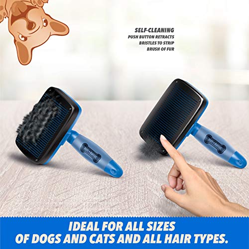 Ruff 'N Ruffus Self-Cleaning Slicker Brush With NO- Pain Bristles Upgraded Gel Handle Gently Removes Loose Undercoat & Tangled Hair For Cats & Dogs Reduces Shedding by 95% + Pet Nail Clipper & Comb