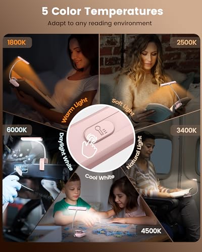 Image of Glocusent 26 LED Book Light, 1200 mAh 90 Hrs Lasting Rechargeable Reading Light, 5 Amber Colors & Stepless Dimming Book Reading Light - Portable Clip on Light for Book Lovers Kids-Pink