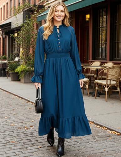 Sunny Spirit Women's Floral Boho Midi Dress 2025 Spring Fall Long Sleeve V Neck Chiffon A-Line Flowy Party Dresses2