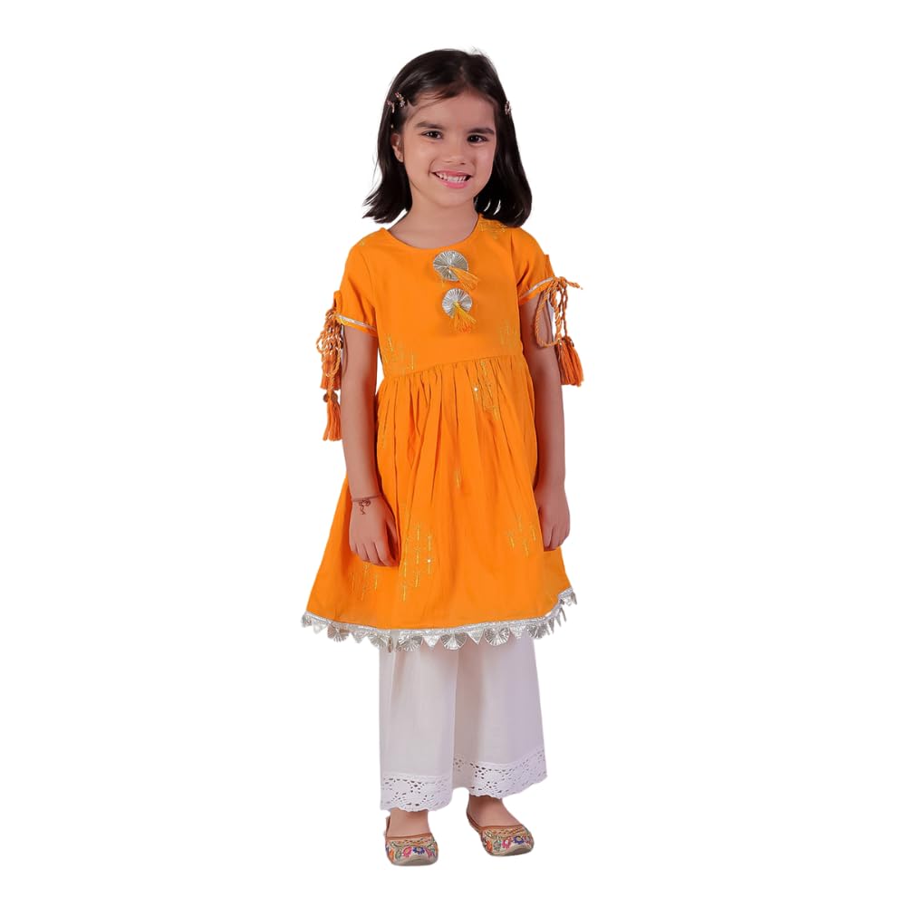 Festive Girls Orange Cotton Kurta and White Pyjama Ethnic Set-image-14
